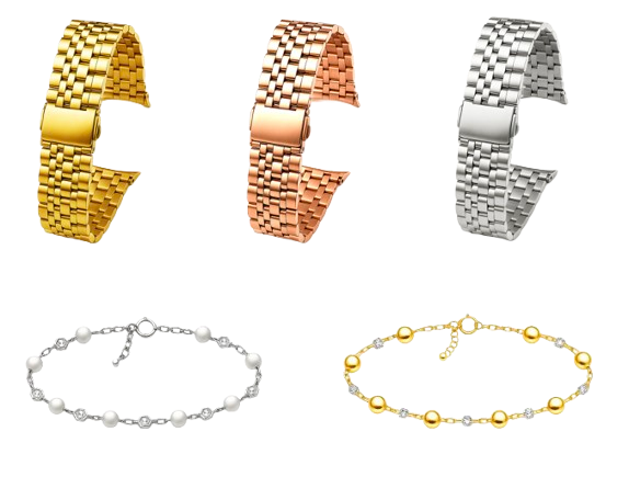 Jewelry collection showcasing PVD coating finishes - watch bands and bracelets in gold, rose gold, and silver
